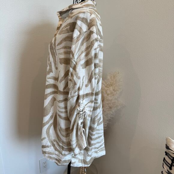 John Mark Linen Cotton Zebra Print Button Down Cinch Sleeve Tunic Top Large - Picture 5 of 14